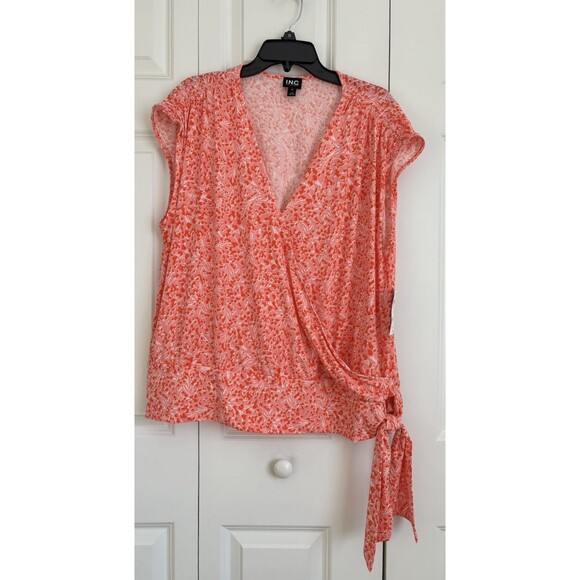 INC International Concepts Tops Women's Cap Sleeve Side Tie Print Pink Plus Size - Picture 2 of 8